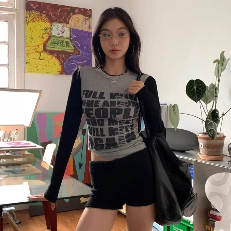 Tonngirls топы с готическим принтом и графическим женские лоскутные обтягивающие