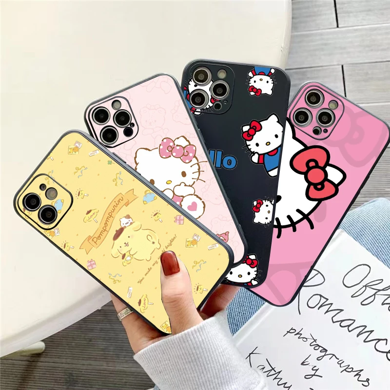 

TAKARA TOMY Cute Hello Kitty Phone Case For Funda iPhone 11 12 13 Pro Max Mini X XR XS SE 2020 5 6 7 8 Plus Back Liquid Silicon
