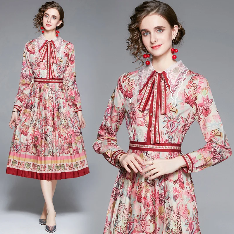

2022 Fashion Floral Printed A Line Mid Length Homecoming Dresses Slim Autumn Winter Long Sleeve Daily Ritual Birthday Holiday