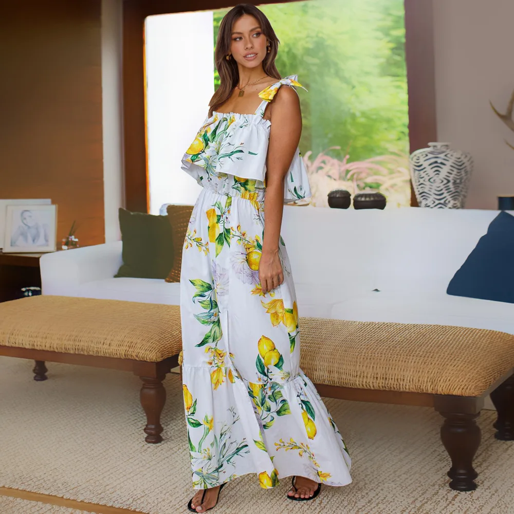 

Summer New Women's Long Slim Sexy Flounce Straps Slit Fashion Dress