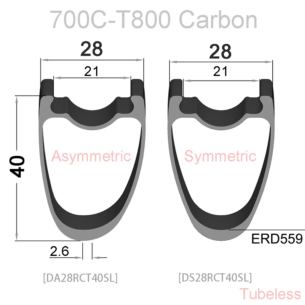 

700C Ultralight Asymmetric/Symmetric 28mm Width 40mm Depth Road Bicycle Rim Tubeless UD Matte/Glossy Carbon Road rims