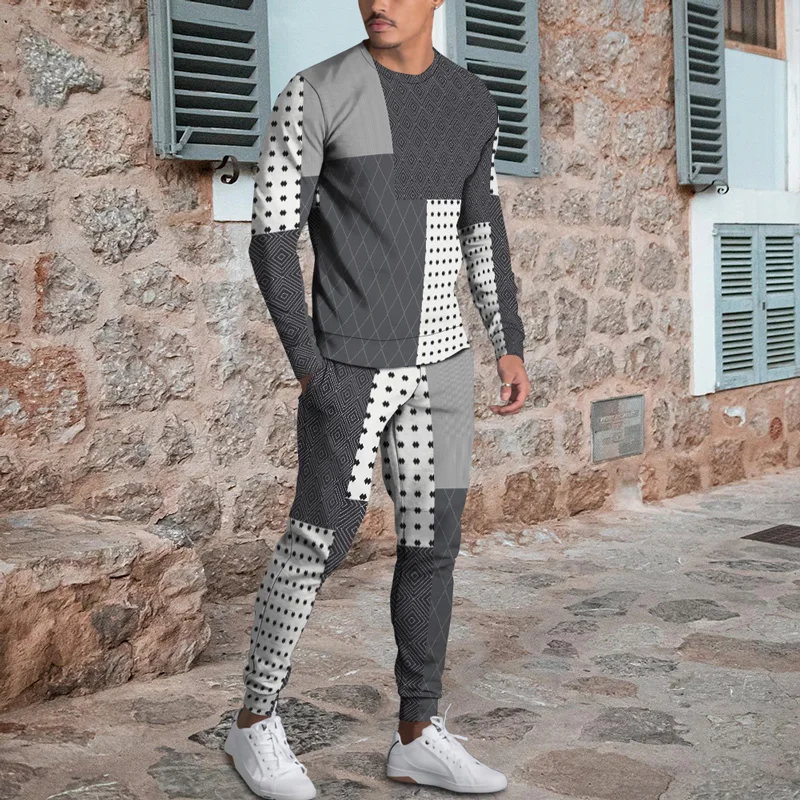 Men Tracksuit Plaid Long Sleeve T Shirt Casual Sweatshirt Pants 2-piece Set Jogging Outfits Streetwear Oversized Man Clothing