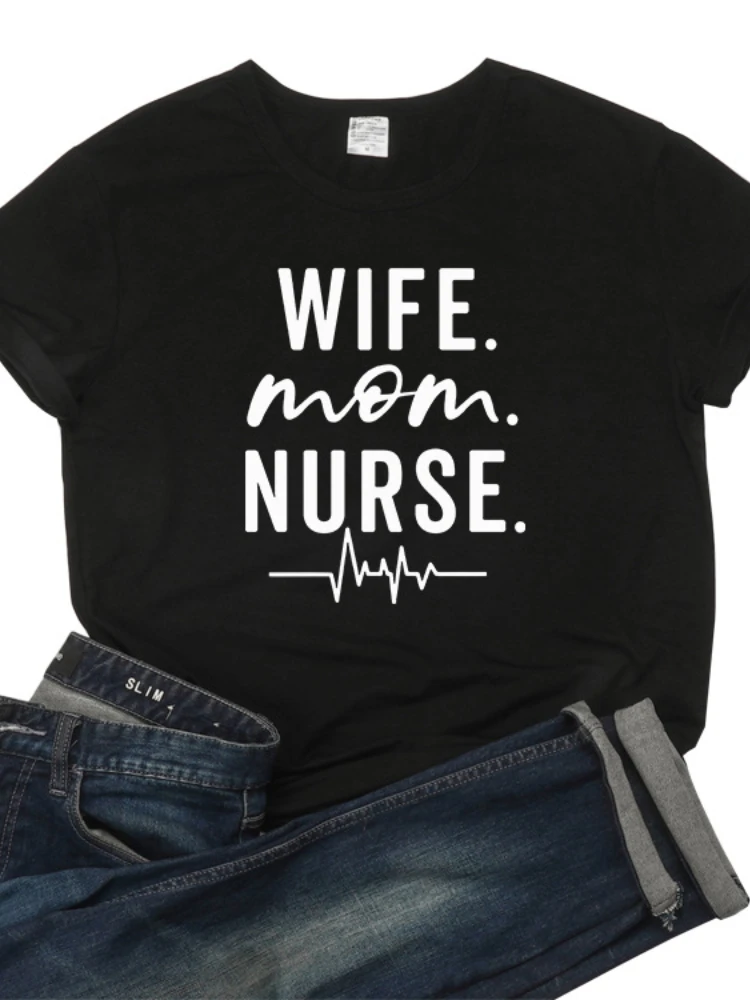 

Wife Mom Nurse Heartbeat Print Women T Shirt Short Sleeve O Neck Loose Women Tshirt Ladies Tee Shirt Tops Camisetas Mujer