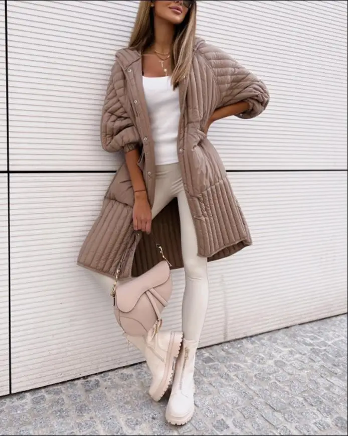 Winter Clothes Women Warm Long Sleeve Open Front Side Slit Button Front Longline Hooded Loose Puffer Coat Streetwear Jacket 2022