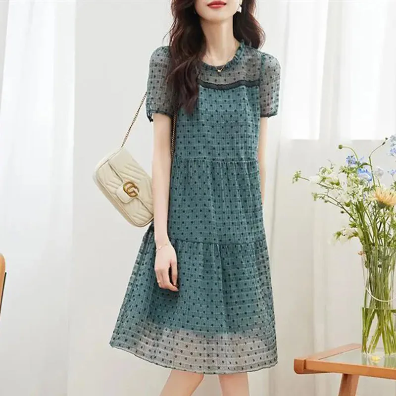 

Elegant O-Neck Spliced Loose Printed Ruffles Folds Mini Dress Women's Clothing 2023 Summer New Oversized Office Lady Sexy Dress