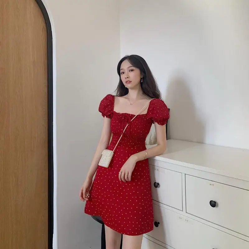 

Retro Chic Red Vacation A-line Empire Girls Dress Women French Dot Summer Prairie Square Collar Vintage Female Sundress