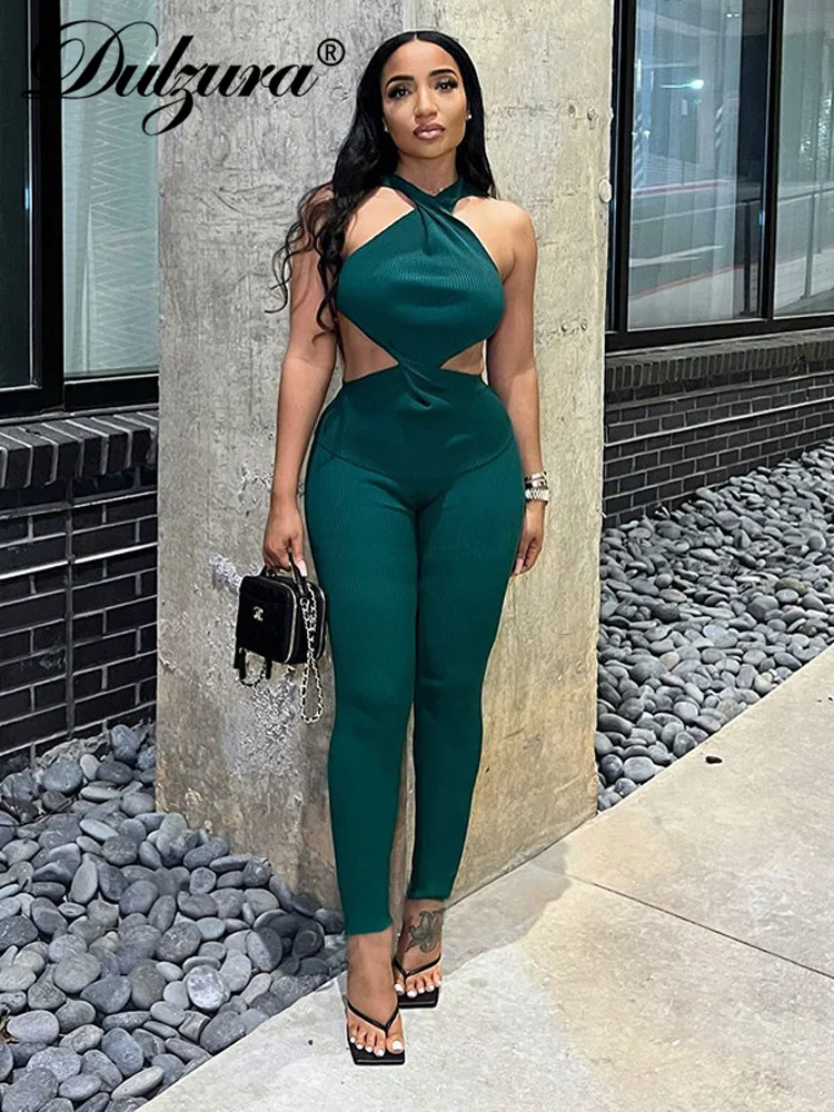 

Dulzura Women Ribbed Y2K 2 Piece Set Hollow Out Sleeveless Backless Halter Crop Top High Waist Skinny Pants Matching Suit Club