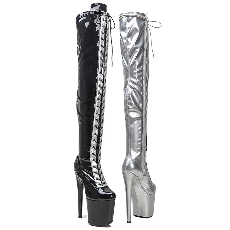 Leecabe  20CM/8Inch PU Upper black with silver  Exotic Sexy Fashion Trend Platform disco party High Heels Shoes Pole Dance boot