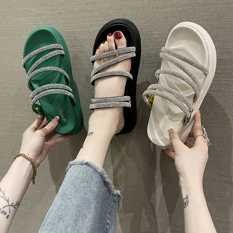 

Shoes Med Ladies' Slippers Slipers Women Glitter Slides Platform Fashion 2022 Flat Summer Jelly Luxury Scandals PU Crystal Fabri