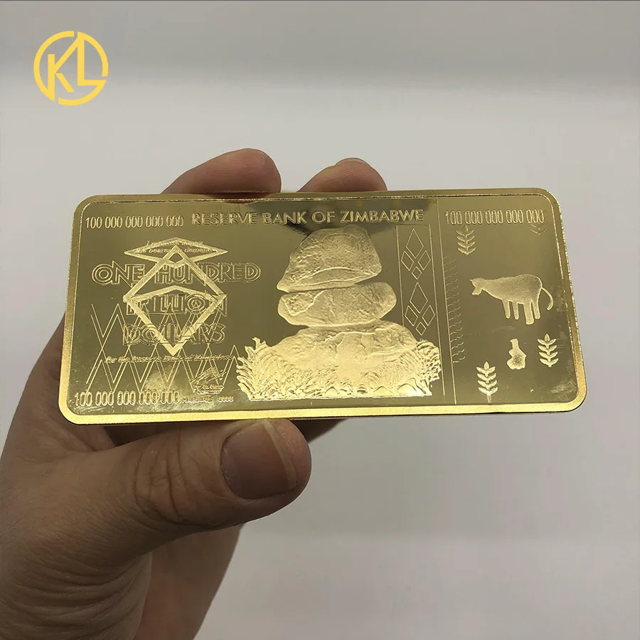 

HOT 95x45mm Slim Long 100 Trillion Dollars Zimbabwe Gold Bar Ingot Metal Bullion for collection and home decoration