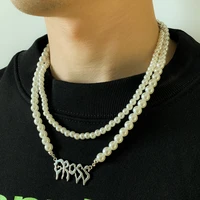 sindlan 2pcs punk pearl pendant necklace for men streetwear goth letter gross couple set emo fashion jewelry collares para mujer