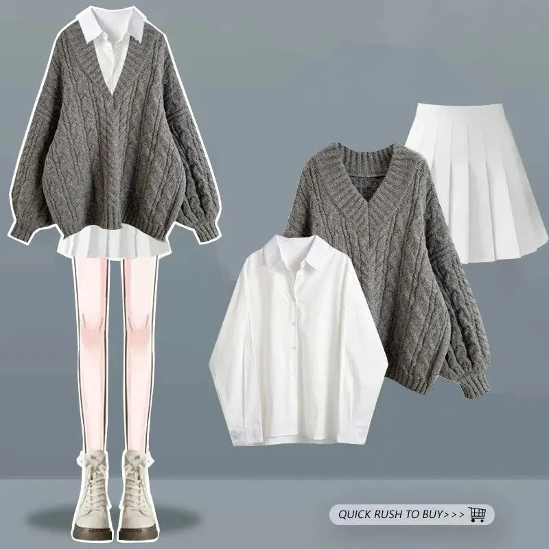 Женский осенне-зимний свободный свитер в консервативном стиле рубашка мини-юбки