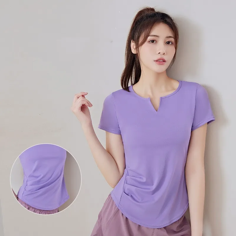Yoga Sports T-shirt Summer V-neck Women's Quick Dry Solid Color Waist Loose Running Fitness Slimming Yoga Suit Short Sleeve Spor