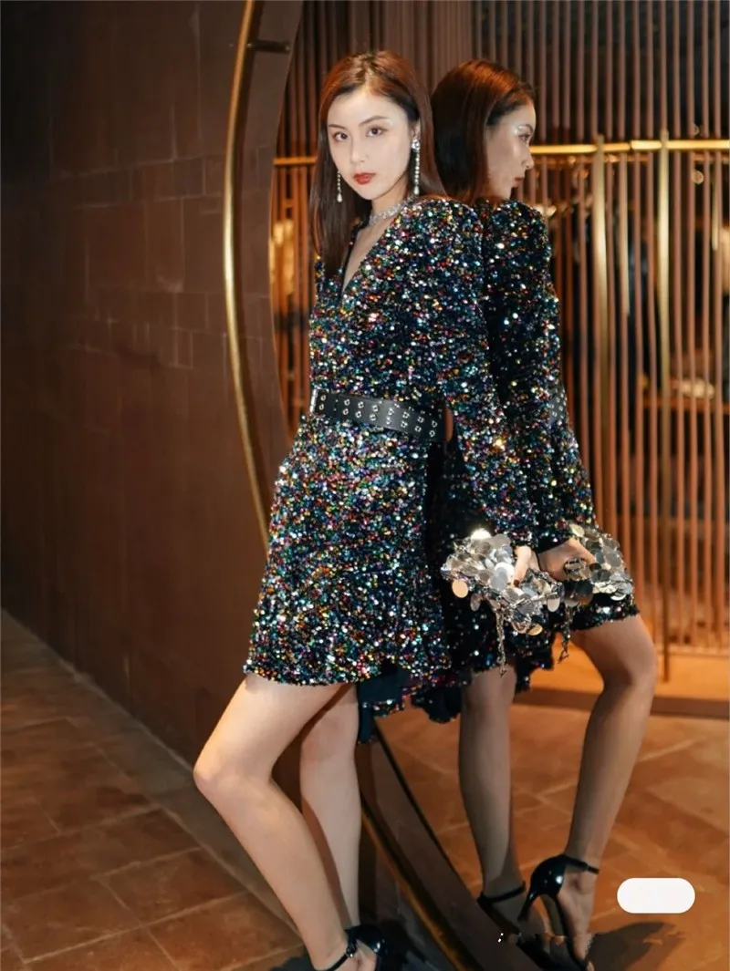 

DALMAZZO Runway Bling Bling Sequins Irregular Mermaid Dresses with Belt Fall Women V Neck Long Sleeve Party Midi Dress 2023 New