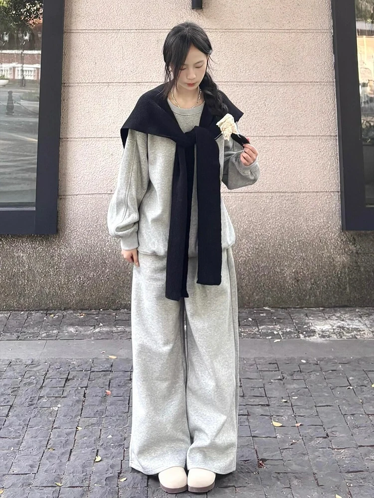 Casual Loose Sweatshirt Set Women Autumn and Winter Girls Age-Reducing Fleece-lined round Neck Hoodie Wide Leg Pants Running ...