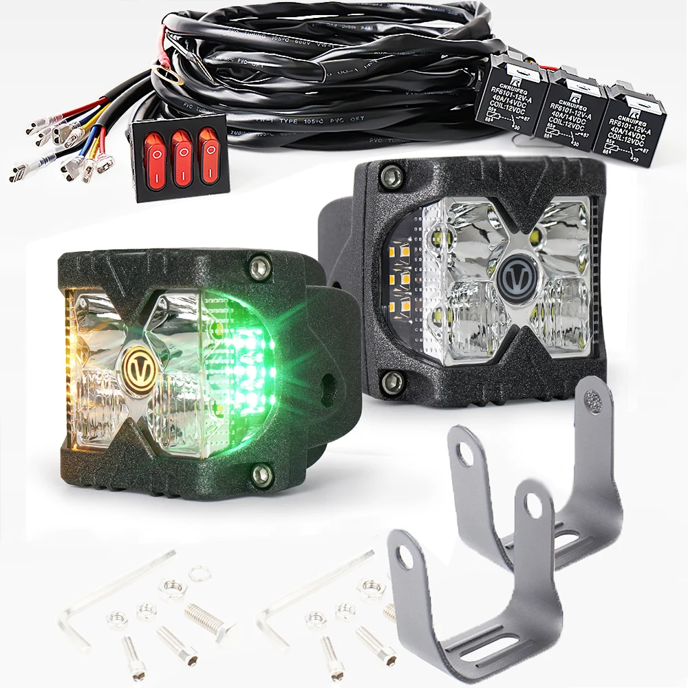 Side Shooter Pods with Wiring Harness Kit Solid and Strobe Side Light Perfect Match Wiring Harness for Off Road Vehicle Cars