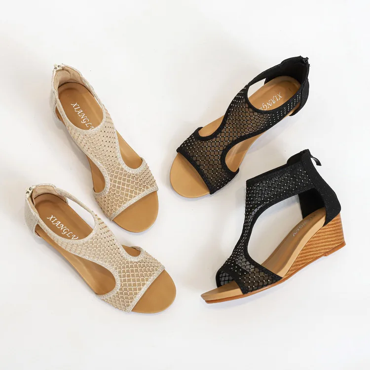 

2022 Black Gold Summer Women'S Wedges Sandals 5cm Heel Mesh Versatile and comfortable Casual Summer Shoes Women Sandals Ladies