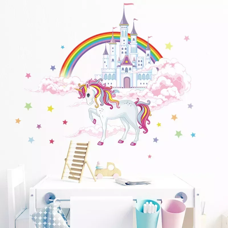 

Rainbow Pink Princess Castle Unicorn Wall Sticker For Girls Kids Bedroom Unicorn Wall Decor Vinyl Mural Decals Muraux