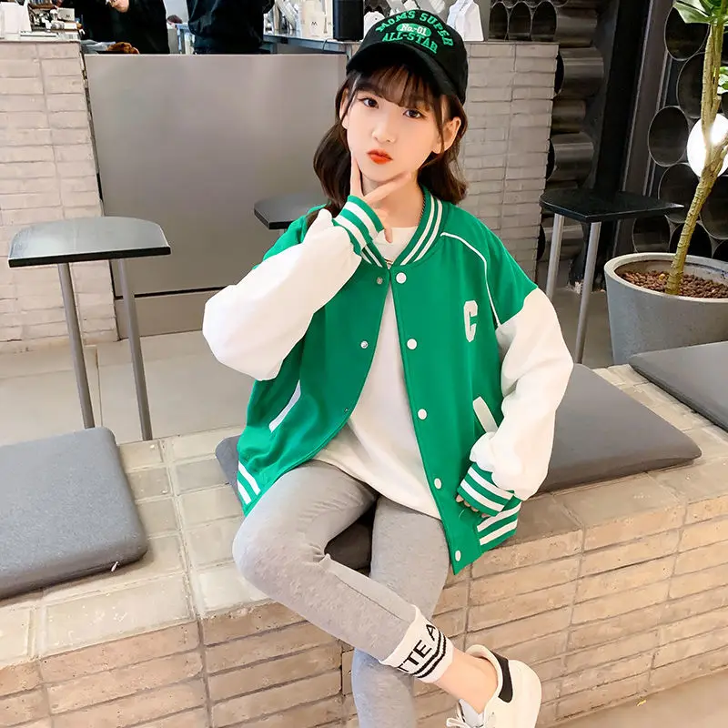 

Spring Autumn Green Baseball Jackets Big Kids Teens Casual Clothes Teenage Girls Sports Outerwear Coat Age 5 7 9 11 13 15 Years