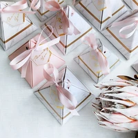 203050pcs triangle pyramid candy box wedding favors chocolate marble cardboard gift boxes with pink ribbon party decoration