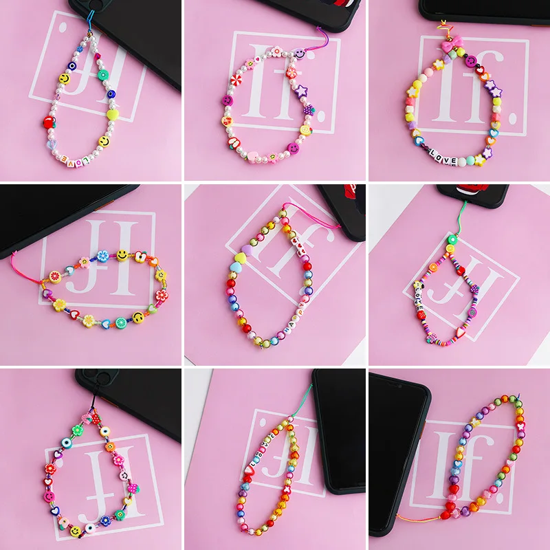 2022 Bohemian Mobile Strap Smile Face Phone Charm Pearls Phone Chain for Women Anti-Lost Lanyard Accessories Jewelry Gifts