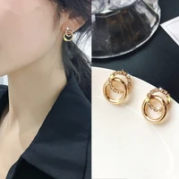 2022 korean simple double circle gold color metal rhinestone drop earrings for women fashion small pendientes jewelry gifts