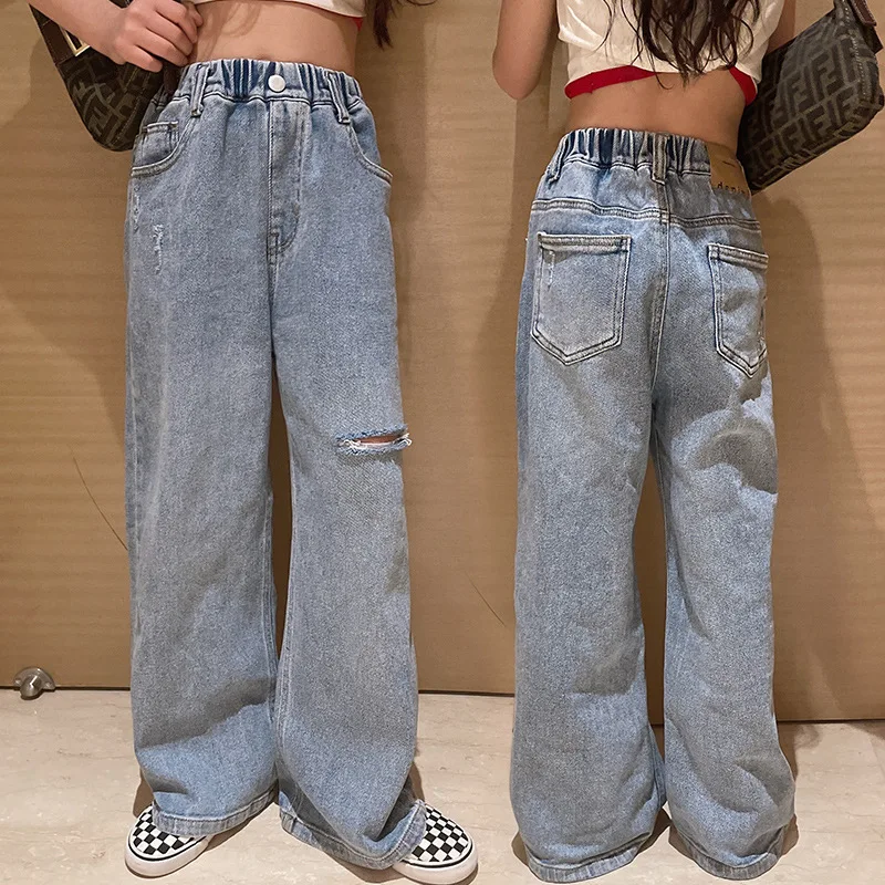 

2023 Spring Girls Clothes Kids Straight Ripped Hole Loose Jeans Elastic Waist Trousers Child Teen Denim Wide Leg Pants