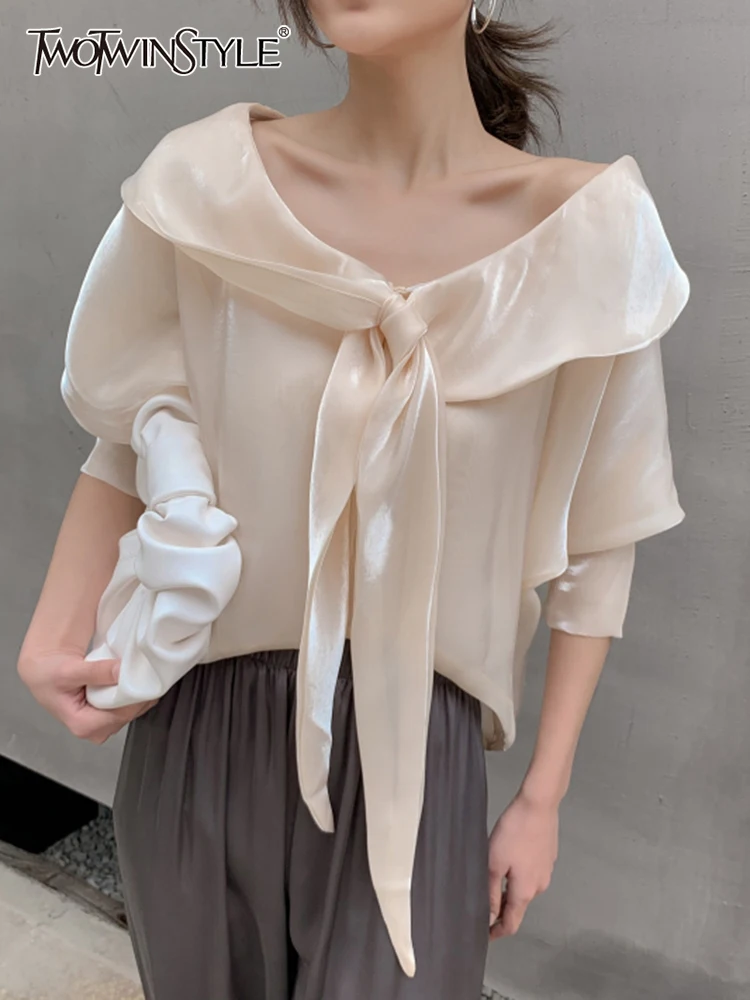 

TWOTWINSTYLE Off Shoulder Shirts For Women Slash Neck Batwing Sleeve Patchwork Lace Up Loose Blouses Female 2022 Clothing Style