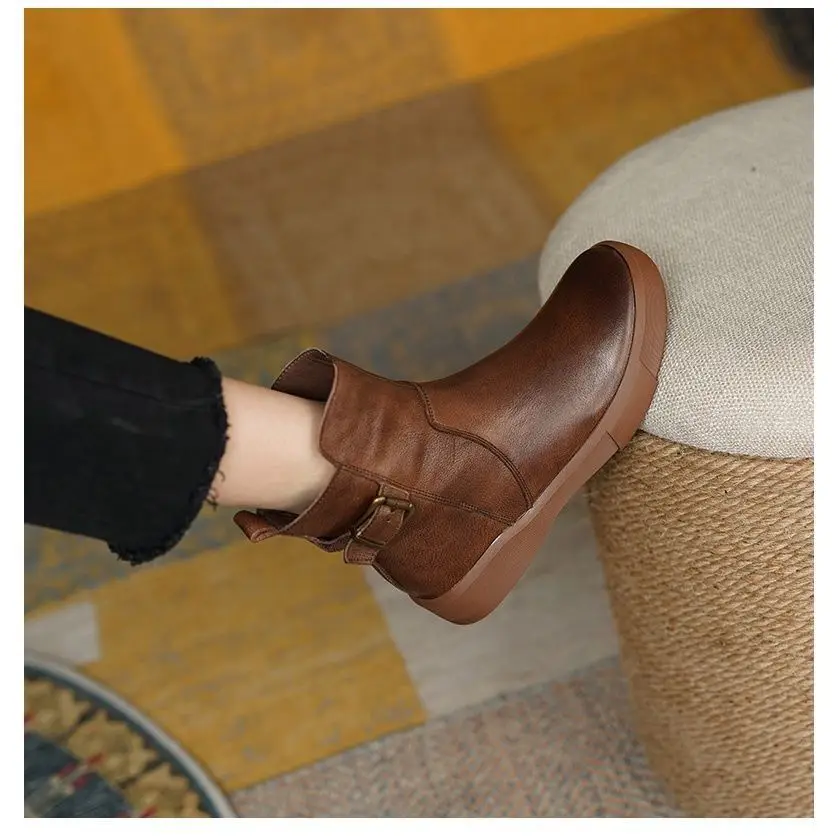 Winter Plush Women's Ankle Boots Side Zipper Vintage Leather Shoes for Women Buckle Strap Round Toe Casual Short botas de mujer
