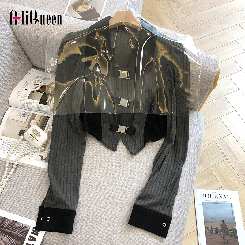 

Contrast Color Lapel Metal Bag Buttons Puff Sleeve Shirt Long Sleeve Blouse Women Slim Vintage Shirts Crop Tops Mujer