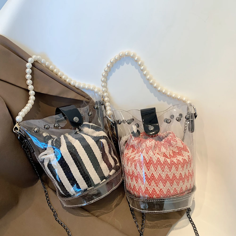 

Fashion Rivet PVC Clear Shoulder Bag Women Bucket Pearl Chain Cross-Body Handbag for Women Outdoor Shopping Traveling