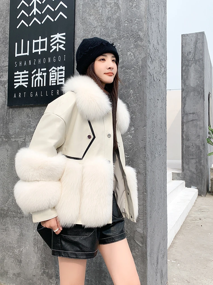 Winter Women Real Leather Jacket Woman Real Fox Fur Coat Genuine Sheepskin Leather Coat Luxury Fashion Streetwear Warm Fur Coat