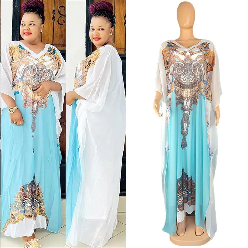 

African Fashion Print Chiffon Kaftans Maxi Dresses Womens Diamonds Beaded Loose Summer Beach Bohemian Kaftan Long Dress for Lady