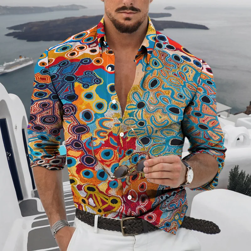Graffiti Print Long Sleeve Casual Tops Men Shirt 2022 Spring Autumn Fashion Shirts Turn-down Collar Buttoned Cardigan Men's