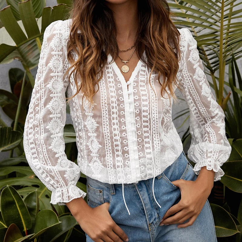 

Модные топы с V-образным вырезом и длинным рукавом, винтажная блузка с вышивкой, женская элегантная приталенная одежда, свободная вязаная ажурная рубашка, блузы 22606