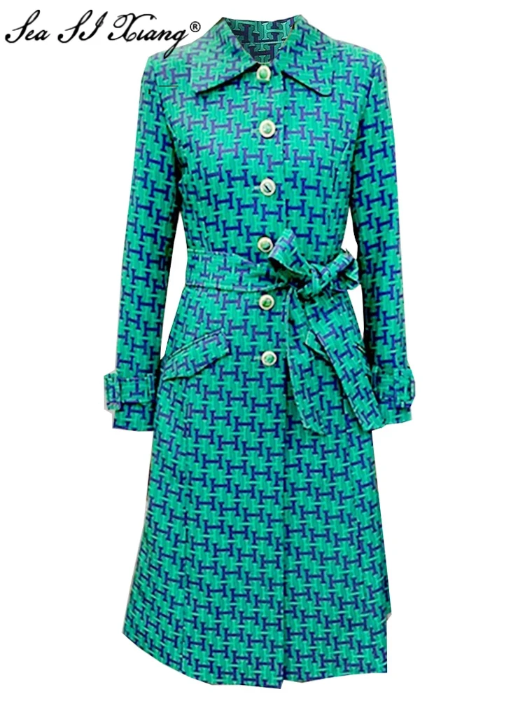 

Женский однобортный Тренч с поясом Seasixiang, осеннее пальто с длинными рукавами и геометрическим принтом, Повседневная Верхняя одежда с крист...
