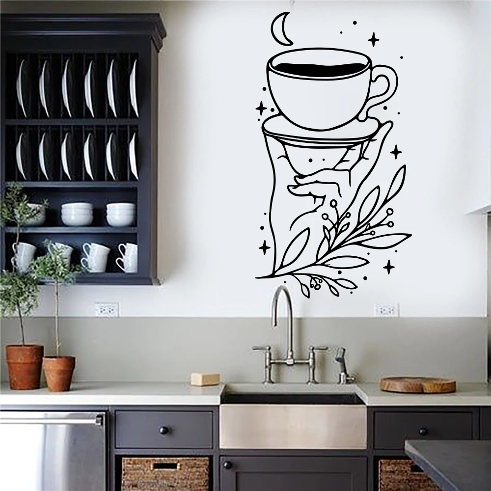 

Large Coffee Hand Leaf Moon Window Wall Sticker Decal Cafe Mug Kitchen Bar Vinyl Decor Mural