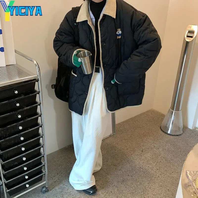 YICIYA New Autumn Winter Woman Jackets Thick Warm Parkas Hooded Single Breasted Jacket Solid Color Cotton Coat Cute Outwear Y2k
