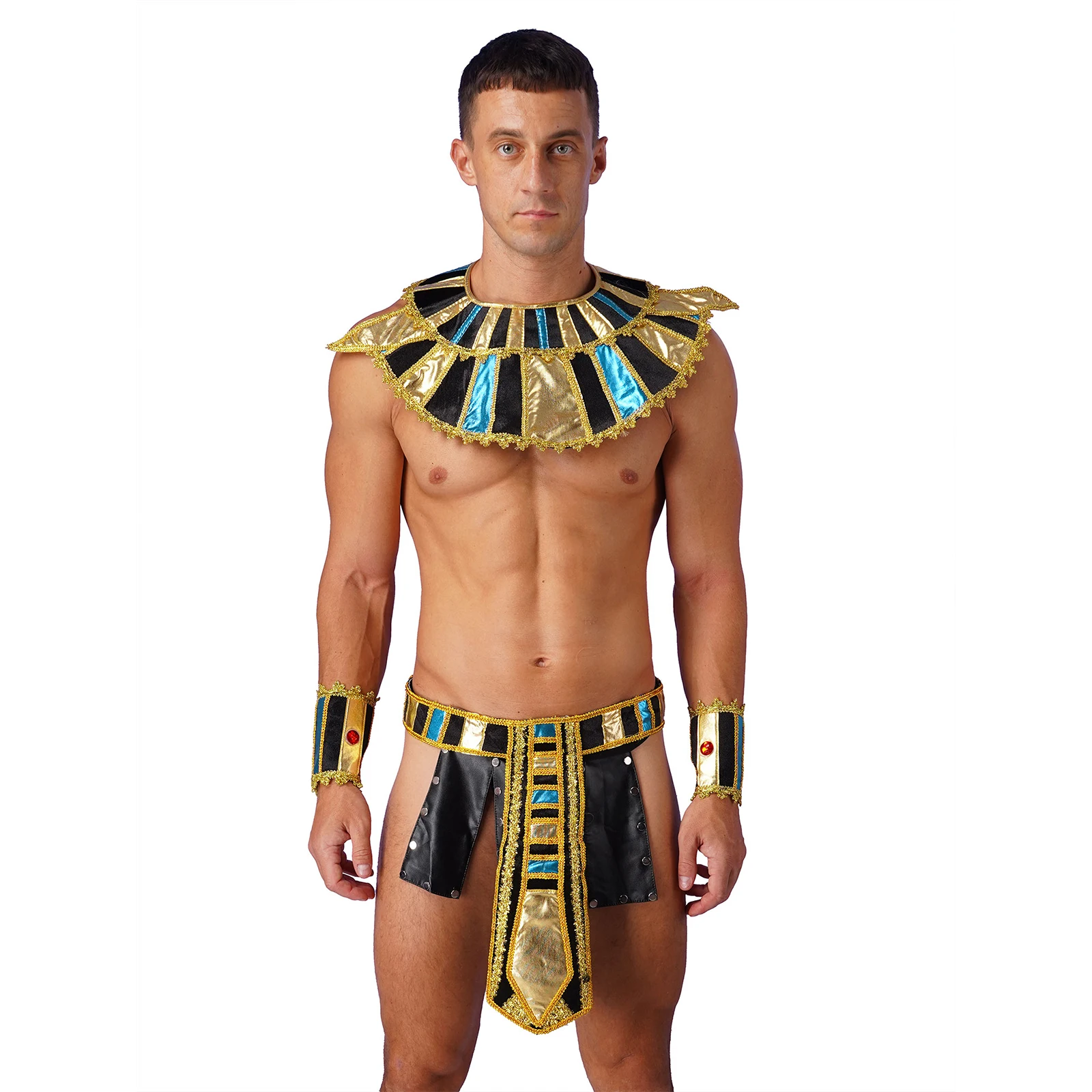 

Mens Egypt Cosplay Costume Faux Leather 6 Panels Low Rise Studded Kilt Underwear with Neck Collar Belt And Wristbands Set Party
