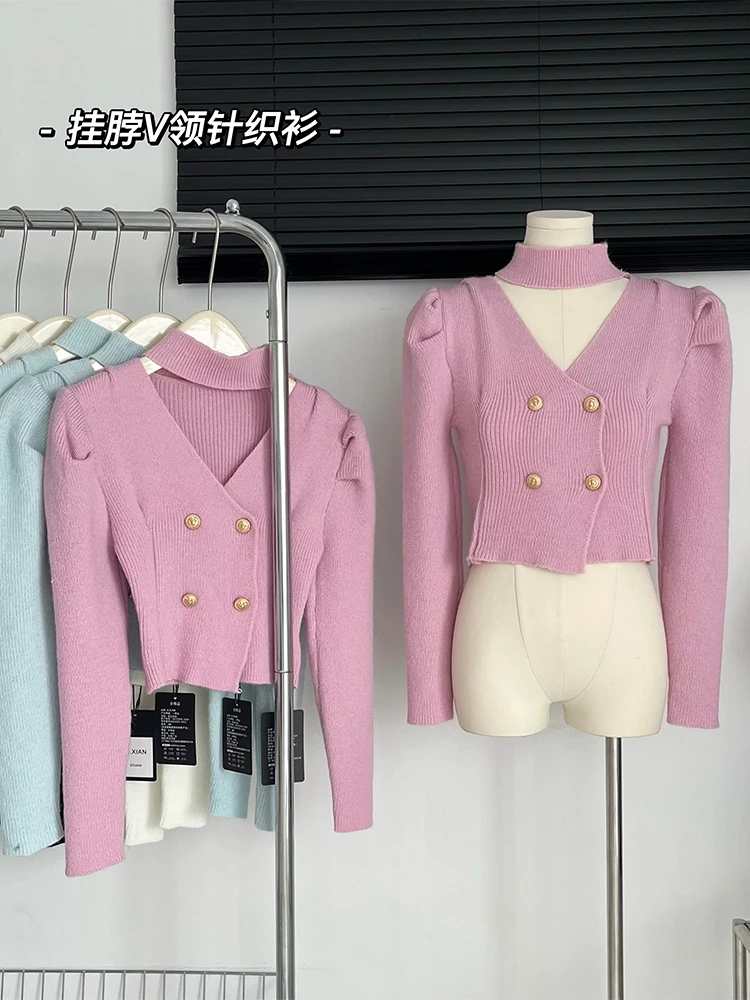 

Женский трикотажный кардиган во французском ретро-стиле, короткий однотонный вязаный кардиган с лямкой на шее, элегантный плиссированный д...