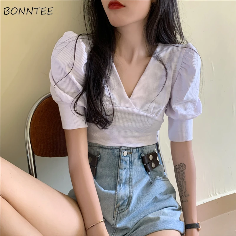 

Футболка женская с пышными рукавами, элегантный кроп-топ с V-образным вырезом, милый пикантный Повседневный облегающий праздничный модный т...