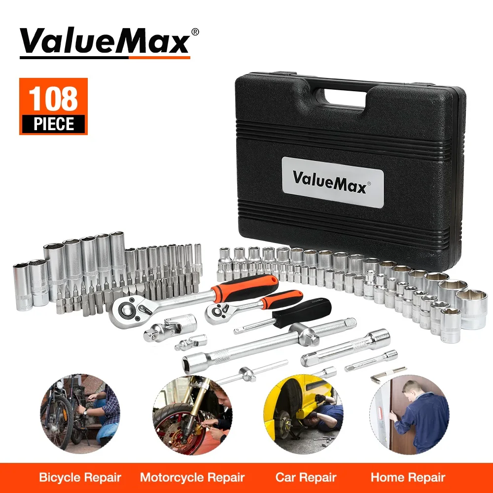 ValueMax 108PC Hand Tool Sets Car Repair Tool Kit Set Workshop Mechanical Tools Box for Home Socket Wrench Set Screwdriver Kit