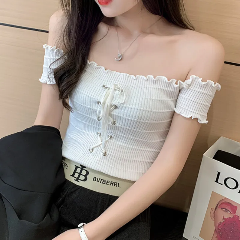 

Женские топы с открытыми плечами, летние пикантные однотонные трикотажные футболки в рубчик с коротким рукавом и перекрестными завязками, ...