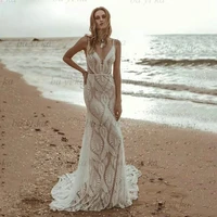 vestido de noiva v neck lace mermaid beach wedding dresses backless 2022 sleeveless spaghetti straps bridal gowns hochzeitskleid