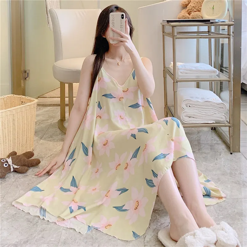 Cotton Silk Sling Nightdress Female Summer Thin Section Loose Long Section Fresh Man-made Cotton Princess Style Home Service