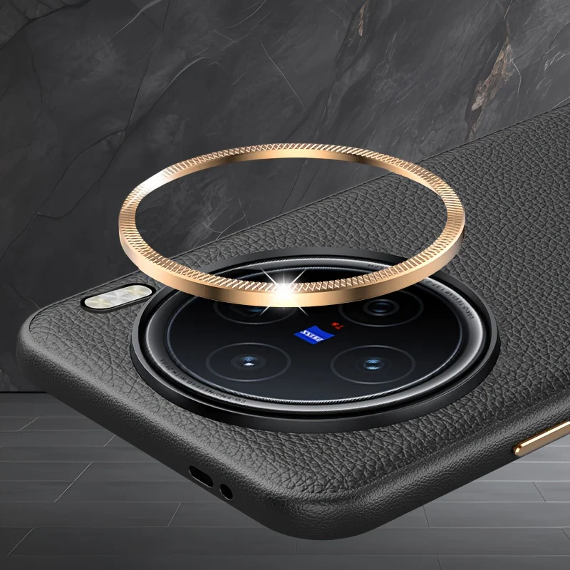 Фото Caase для VIVO X200 X100 Pro ультра роскошный кожаный металлический чехол с кольцом для объектива личи для VIVO X200Pro MINI противоударный бампер №4