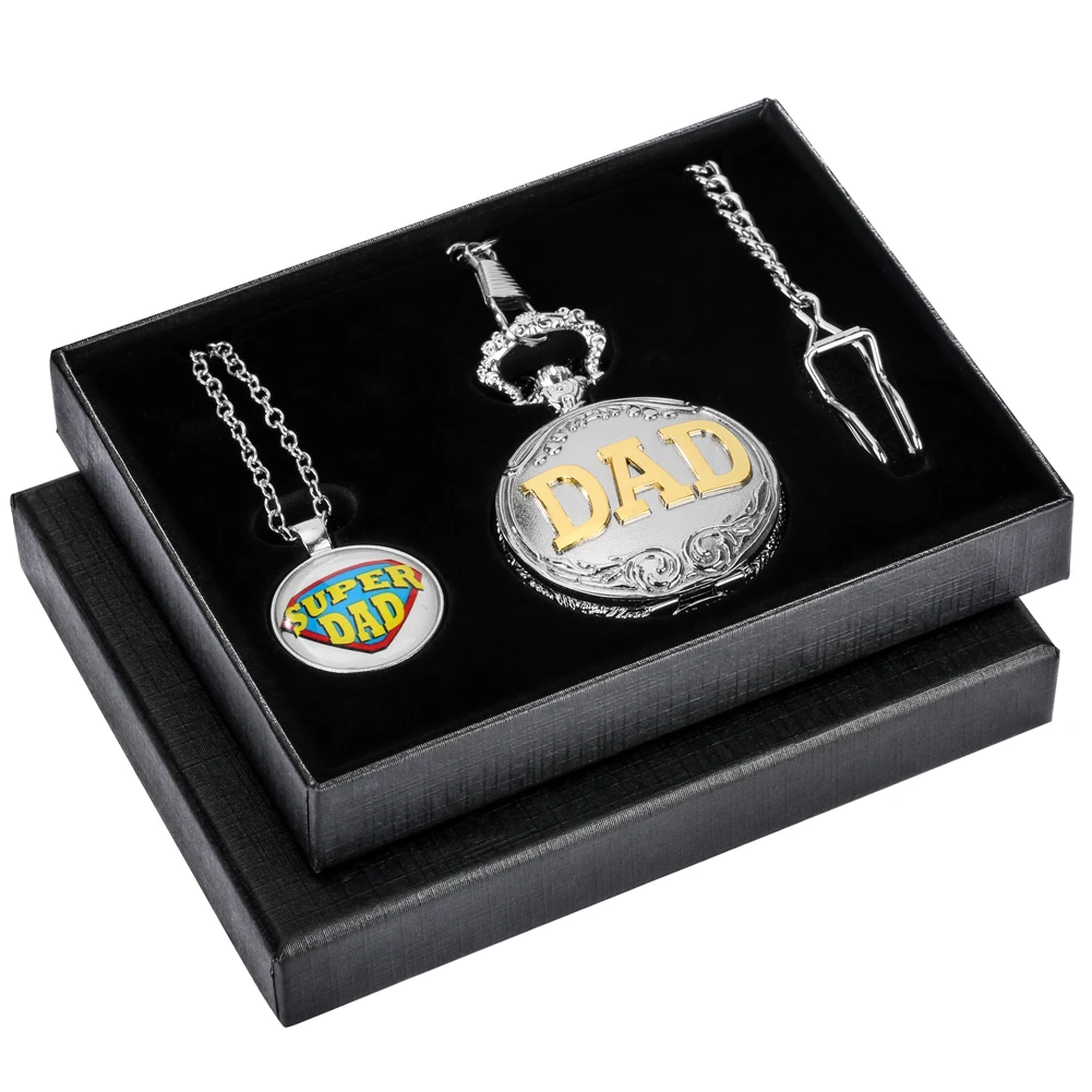 Meaningful Father's Day Gift Exquisite Silver Quartz Pocket Watch Set Gift Box Pendant Super Dad Necklace Waist Chain Clock Gift