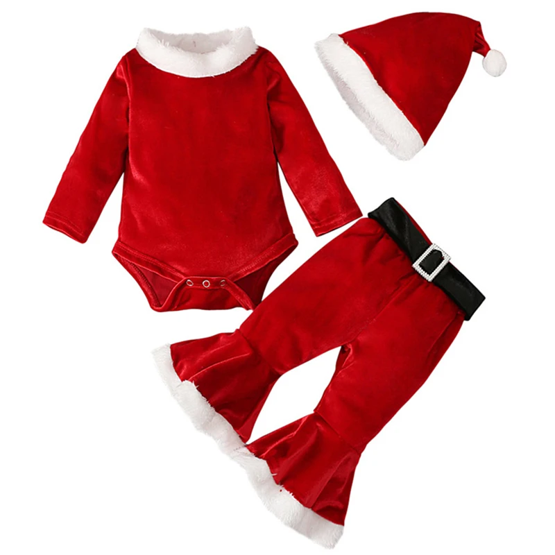 

3Piece Fall Winter Toddler Christmas Outfit Newborn Baby Girl Clothes Set Cute Fleece Long Sleeve Bodysuit+Flare Pants+Hat BC286
