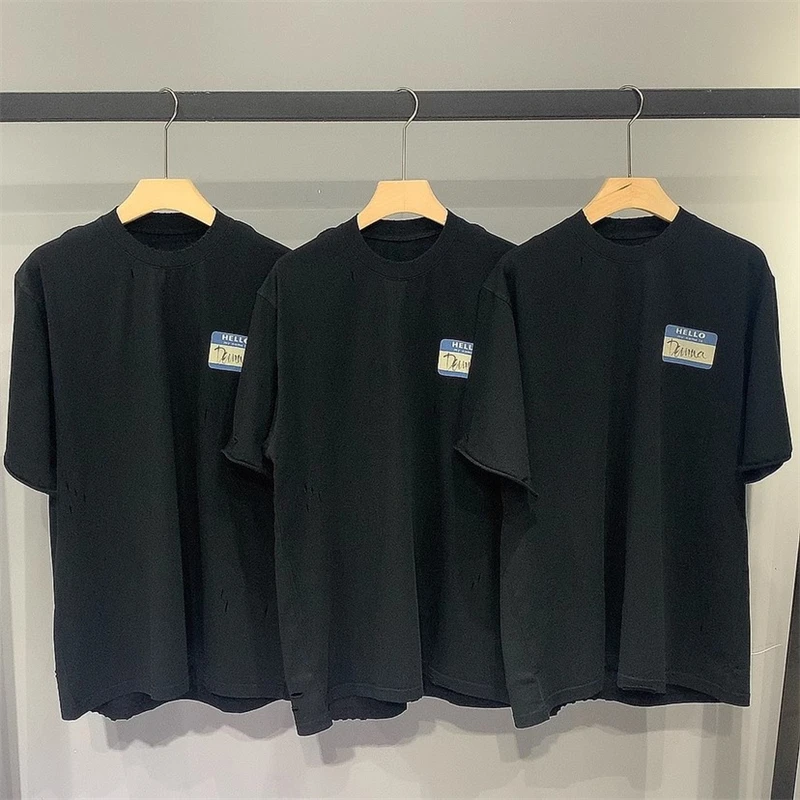 

New Oversized Black Vetements T-Shirt HELLO Damaged Design Washed Hip-Hop Men Women VTM Top Tees Clothing