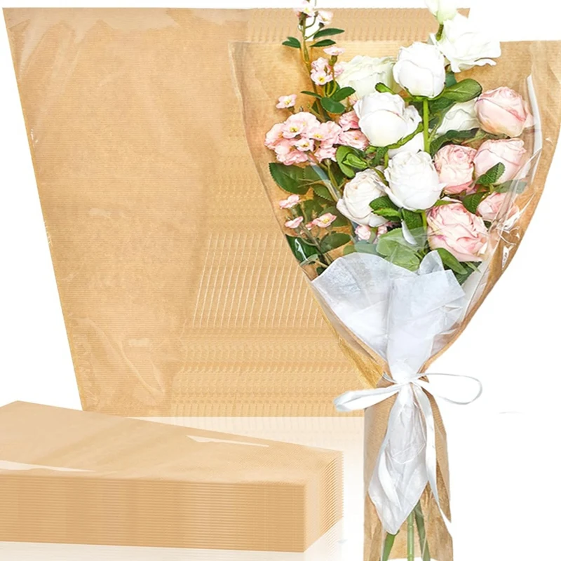 

50Piece Flower Sleeves For Bouquet Clear Front Kraft Flower Paper 14 X 22 Inches